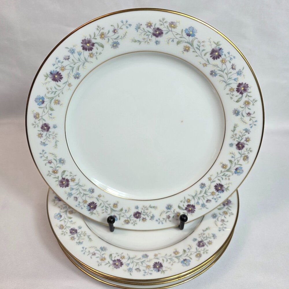 FOUR Noritake Longwood #2485 Salad Plates Purple, Blue & Yellow Flowers